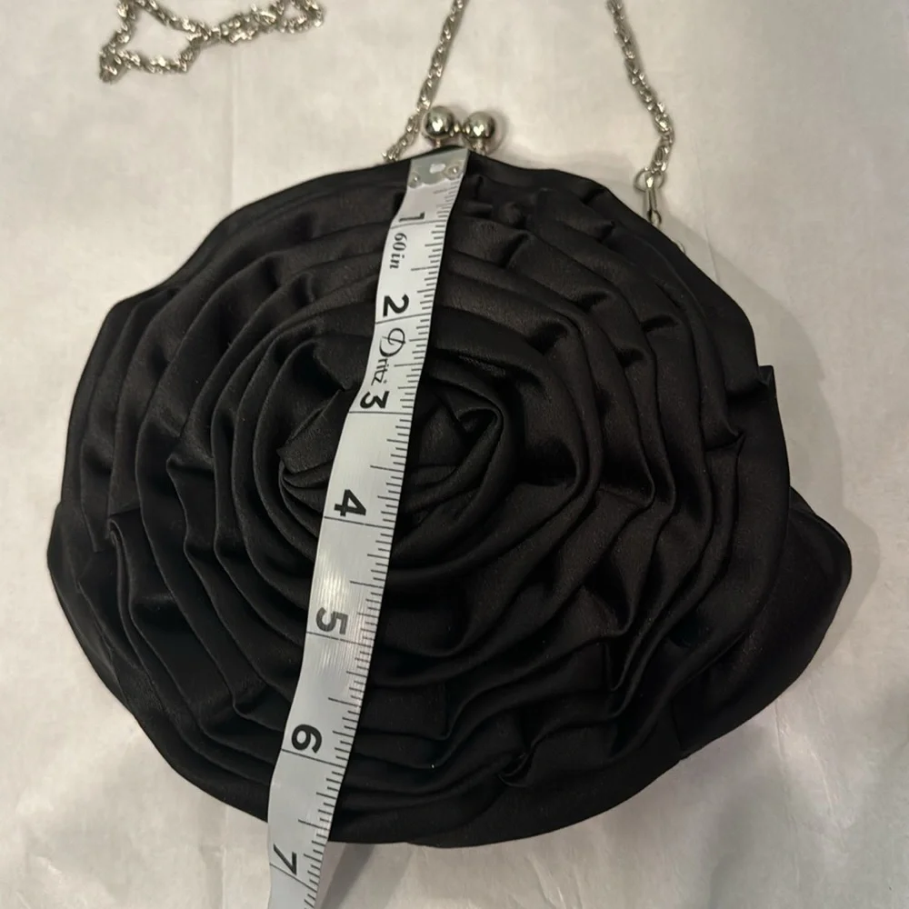 Black satin rosette purse with removable silver chain